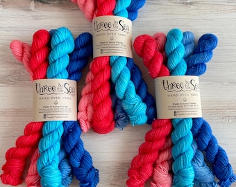 Minis Set RED WHITE & BOOM, Hand-Dyed Yarn, Sock Yarn, Dk Yarn, Sanibel Base, Destin Base, Mini Skeins, Fingering Yarn, Summer Yarn