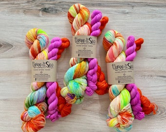 Sock Set Fingering FLOWER POWER, Hand-Dyed Yarn, Three by the Sea, Sock Weight Yarn, Sanibel Base, Variegated Yarn, Summer Yarn, Neon Yarn