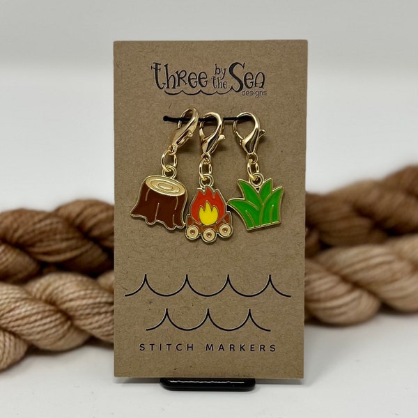 CLEARANCE** FIRESIDE Set of 3, Fire Progress Keeper, Camp Stitch Marker, Tree Charm, Summer Stitch Marker, Campfire Stitch Marker