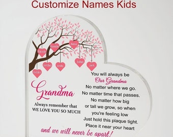 Personalized Heart Plaque for Grandma, Acrylic Plaque Gift to Grandmother, Custom Heart Tree With Kids Names, Grandma Mother's Day Gift