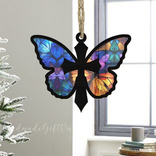 Cross Butterfly Suncatcher, Cross Suncatcher Gift, Butterfly Acrylic Suncatcher, Gift For Christian, Memorial Cross Suncatcher