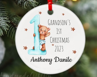 Grandson's 1st Christmas Ornament, Personalized Christmas Ornament for Granddaughter, New Baby Ornament, Christmas Gift from Grandparents
