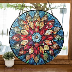 Mandala Stained Glass Suncatcher, Mandala Window Hanging, Outdoor Window Decor, Geometric Mandala Wall Decor, Mandala Faux Glass Suncatcher