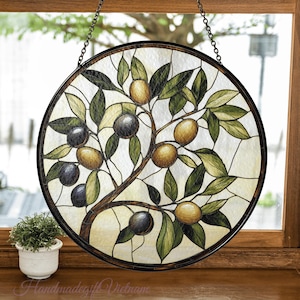 Olive Branch Stained Glass Suncatcher, Window Hanging Decor, Olive Home Decor, Plant Lover Gifts, Green Olive Leaf Decor, Gift for Her