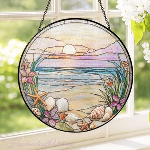 Coastal Beach Glass Suncatcher, Seashell & Ocean Sunset Window Hanging Decor, Summer Beach Decor, Bridesmaid Proposal Bridal Gift