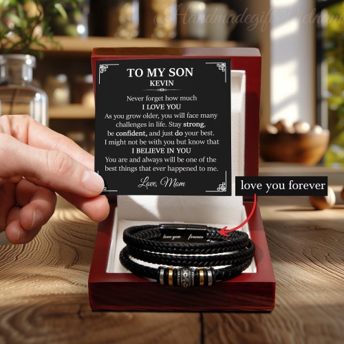 thumbnail image 2 of Leather Bracelet For Men & Boys – Engraved Son Gift From Mom, Christmas & Birthday Present 2 of 12