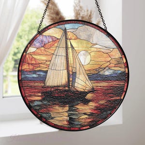 Sailboat Painted Stained Glass Suncatcher, Sailboat Home Decor, Window Hanging, Seascape Suncatcher, Ocean Wall Decor, Sailboat Lovers Gift