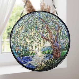 Weeping Willow Stained Glass Suncatcher, Window Hanging Decor, Outdoor Suncatcher, Landscape Wall Decor, Willow Tree Lovers, Family Gifts