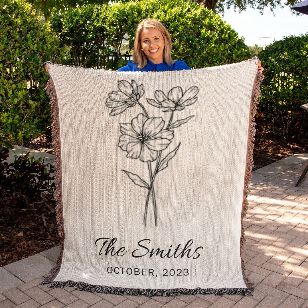 Personalized Flower Month Wedding Blanket, Last Name Woven Blanket