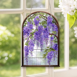 Purple Wisteria Acrylic Window Hanging, Elegant Floral Decoration, Garden Flower Decor, Flower Lovers Gift for Wife, Purple Flowers Decor