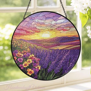 Lavender Flower Glass Window Hanging, Violet Flower Field Sunset Suncatcher Hanging, Birth Month Flower Gift, Flower Gift Home Decor