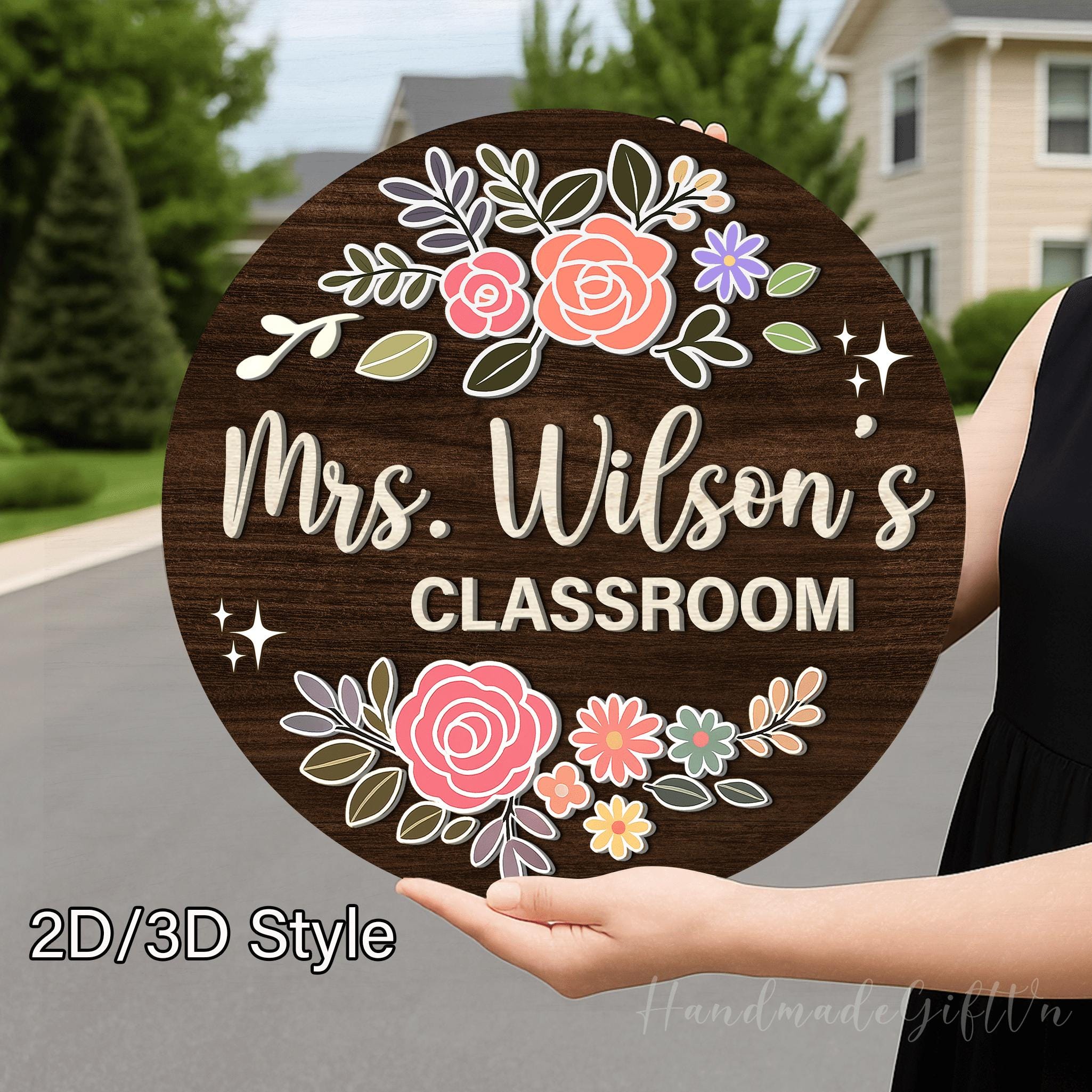 Personalized 2D/3D Teacher Door Hanger, Custom Teacher Name Sign, Back to School Gift, Floral Wooden Sign, Teacher Appreciation Gifts