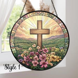 Cross Stained Glass, Suncatcher Window Hanging, Christian Cross, Flower Cross Gift For Religious, Home Decor, Christian Faith Home Decor