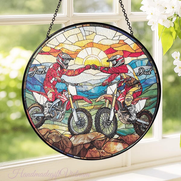 Dad and Son Motocross Glass Suncatcher, Personalized Dirt Bike Gift, Fathers Day Gift For Dad, Father and Son Riding Art, Racing Lover Gift