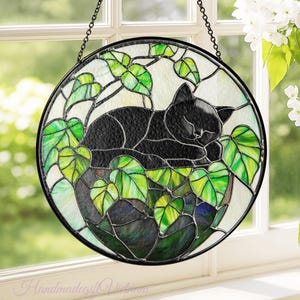 Black Cat Glass Suncatcher with Green Ivy, Black Cat Sleeping on Ivy Window Hanging, Cat Lovers Gift, Plant Lovers Gift, Ivy Plants Decor