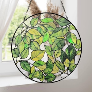 Plant Leaves Stained Glass Suncatcher, Plant Lover Mothers Day Gift, Sprig Plant Suncatcher, Window Hanging, Garden Decor, Plant Leaves Gift
