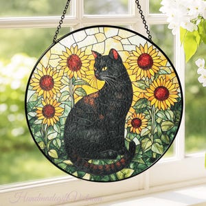 Black Cat and Sunflower Glass Suncatcher Gift, Gift for Cat Lover, Black Cat Suncatcher, Cat Memorial Ornament, Cat Mom Gift, Window Hanging