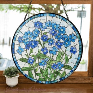 Forget-Me-Not Stained Glass Suncatcher, Memorial Gift for Loss of Loved One, Floral Window Hanging, Window Hanging Decor, Blue Floral Decor