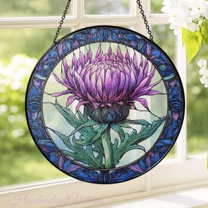 Scottish Thistle Faux Stained Glass Suncatcher, Floral Window Hanging, Purple Flower Suncatcher, Nature Gift for Garden, Celtic Lovers