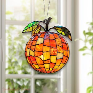 Orange Disco Ball ACRYLIC Suncatcher, Faux Stained Glass Fruit Window Hanging, Funky Citrus Decor for Summer Vibes, Citrus Fruit Suncatcher
