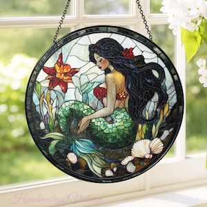 Mermaid Stained Glass Window Hanging, Mermaid Stained Glass Ocean, Mermaid Suncatcher, Ocean Suncatcher, Mermaid Lovers Gift, Beach Gift