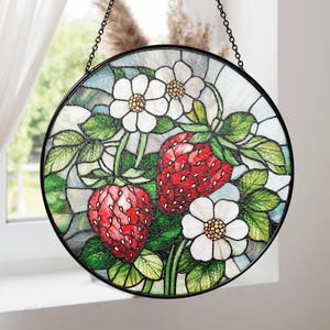 Strawberry Branch Stained Glass Suncatcher, Strawberry Floral Window Hanging, Suncatcher Window Decor, Berry Lover Gifts, Home Decoration