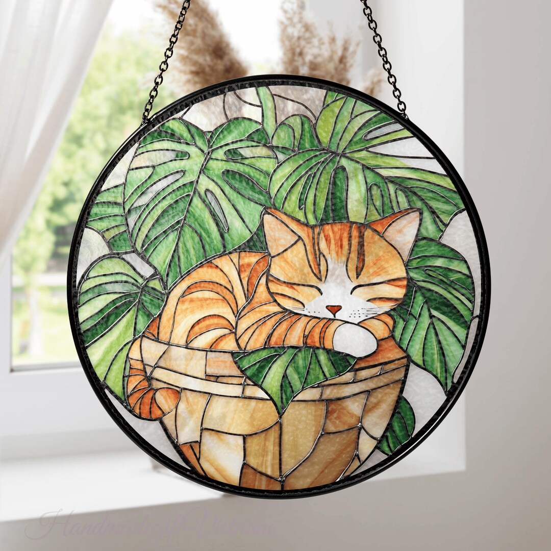 Cat Monstera Stained Glass Suncatcher, Monstera Plant Window Hanging ...