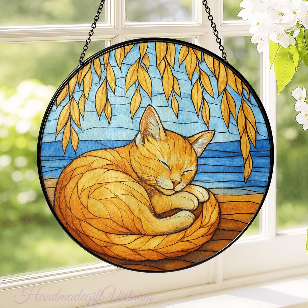 Yellow Cat Stained Glass Suncatcher, Cat Lover Ornament, Cat Suncatcher ...