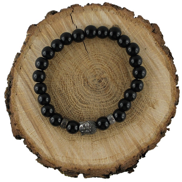 Buddha-Armband, 8 mm natürliche schwarze Onyxperlen und silbernes Metall