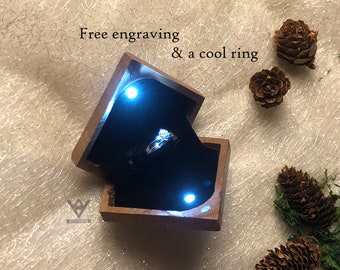 TWIN LIGHT ring box - engagement ring box - Unique ring box  - Walnut ring box - Pentagon Ring Box for The Single Ring - Led Ring Case