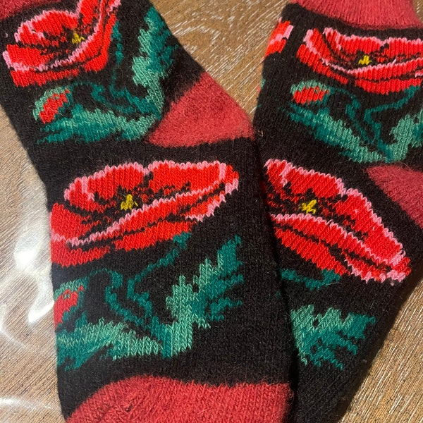 Black wool socks, red roses