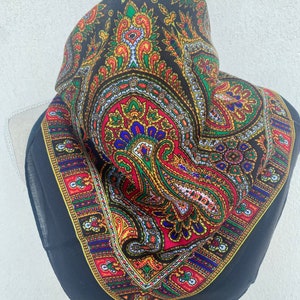 Black cotton scarf with multi-colored paisley patterns