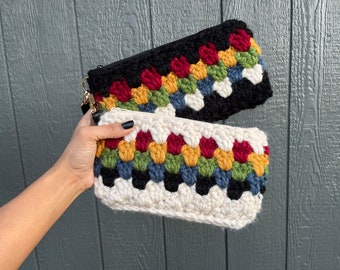 Crochet Zip Pouch, Wristlet Clutch, Crochet Wallet, Granny Crochet Pouch, Primary Color-way