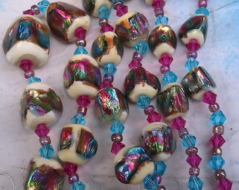 Art Deco TRIANGULAR Bohemian Rainbow Foil Glass Beads Necklace