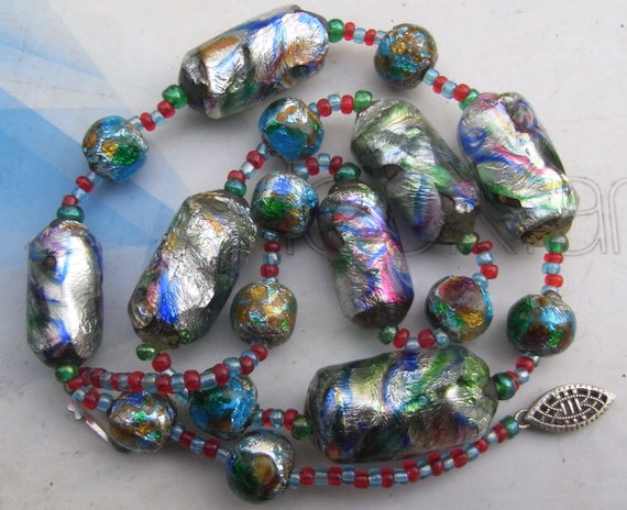 Art Deco Bohemian Rainbow Foil Glass Beads Necklace