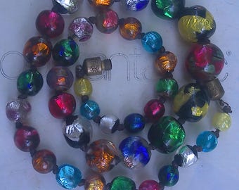 Art Deco Louis Rousselet  Rainbow  Foil Glass Beads Necklace Made in France