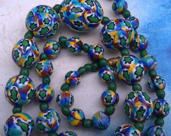 Art Deco Venetian  Matched Star Cane Millefiori Bead Glass Necklace