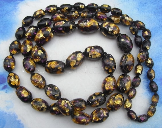 Art Deco Bohemian Black, Purple, Gold Foil Glass Long Beads Necklace