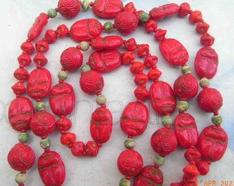 Art Deco Egyptian Revival Red Scarab Glass Beads Super Long Necklace Neiger Brothers Czech