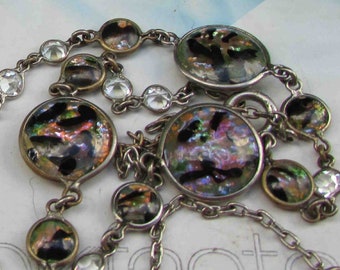 Art Deco Iridescent Dragons Breath Rainbow Foil Cabochon Bezel Glass Necklace