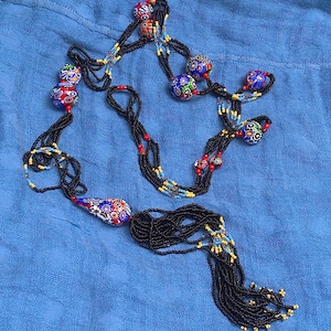 Art Deco Venetian Millefiori Sautoir Flapper Glass Beads Necklace with Teardrop Bead
