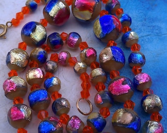 Art Deco Bohemian Foil Glass Tri-colour Beads Necklace