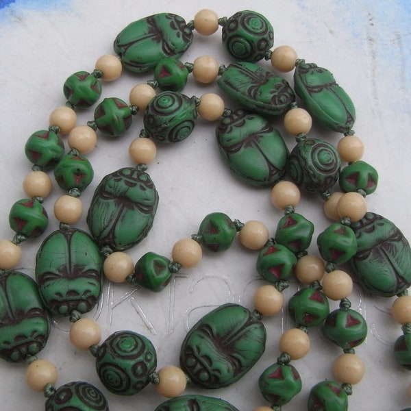 Art Deco Egyptian Revival Green Scarab Glass Beads  Necklace Neiger Brothers Czech