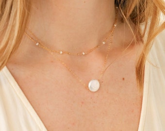 Floating Single Pearl Necklace | White coin pearl | Bridal jewelry | June Birthstone jewelry | White Freshwater Pearl Pendant | Gift for her