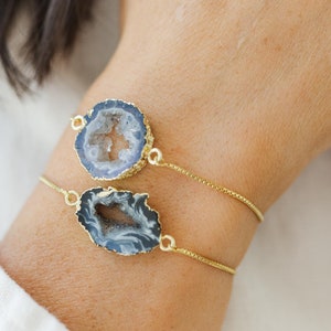 Black Geode Bracelet: Gold Plated Adjustable Druzy Jewelry