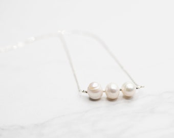 Three pearl necklace, June birthstone necklace, gift for her, bridal jewelry, bridesmaid necklace