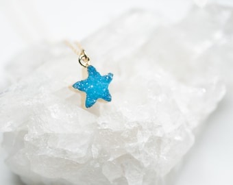 Blue Druzy Star and gold necklace
