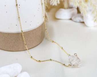 Natural Gemstone Herkimer Diamond Pendant Layering necklace | Delicate 14K gold filled & silver satellite chain | Raw Quartz Crystal choker