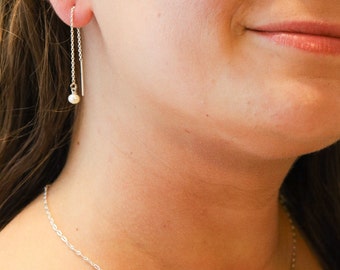 Pearl Ear Threaders | Freshwater Pearl Earrings | Silver Threader Earrings | Minimalist Earrings | Dainty Pearl Earrings | Ear Threader