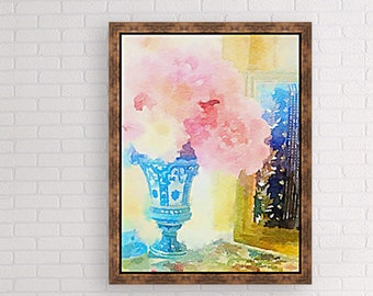 Peonies in a Chinese vase, original watercolor painting